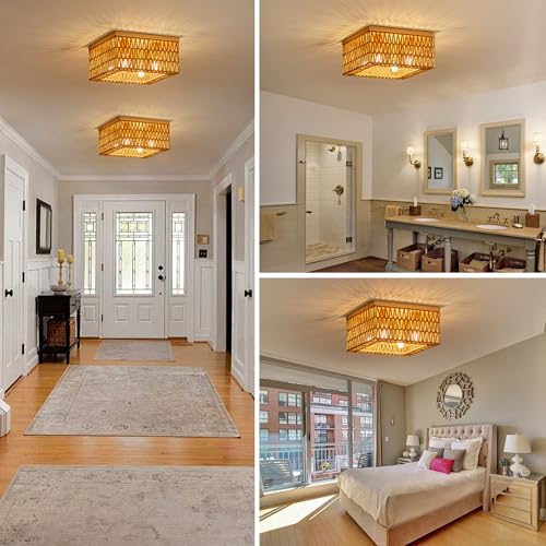 Rpzloila Rattan Ceiling Light, 4-Light Boho Light Fixture, Square Flush Mount Ceiling Light for Bedroom, Hallway, Entryway, Kitchen, Living Room - color: Gold, size: 4-Light-Square