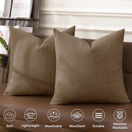 PHF 100% Cotton Waffle Weave Euro Shams 26" x 26", No Filling, 2 Pack Elegant Home Decorative Euro Throw Pillow Covers for Bed Couch Sofa, Walnut Brown - color: Walnut Brown, size: 26" x 26" (Pack of 2)
