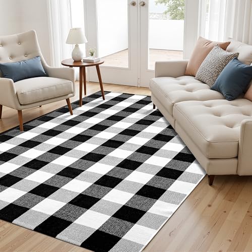 joybest Buffalo Plaid Rug 5 x 7 ft Black and White Checkered Area Rug Cotton Hand-Woven Indoor Outdoor Rugs Carpet for Patio, Living Room, Dining Room, Bedroom - size: 5' x 7' (Rectangular)