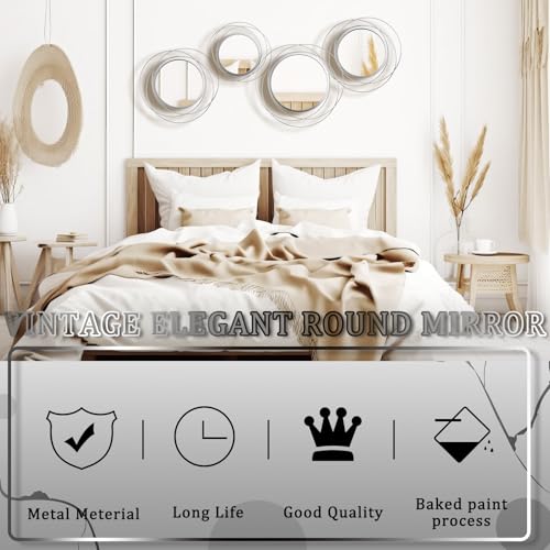 Hicarer 4 Pcs Decorative Wall Mirror Round Modern Mirror Circle Mirror Wall Art Ring Metal Mirror Wall Decor Wall Mounted Mirror for Bedroom Living Room Entryway Dining Room Hallway (Silver) - color: Silver