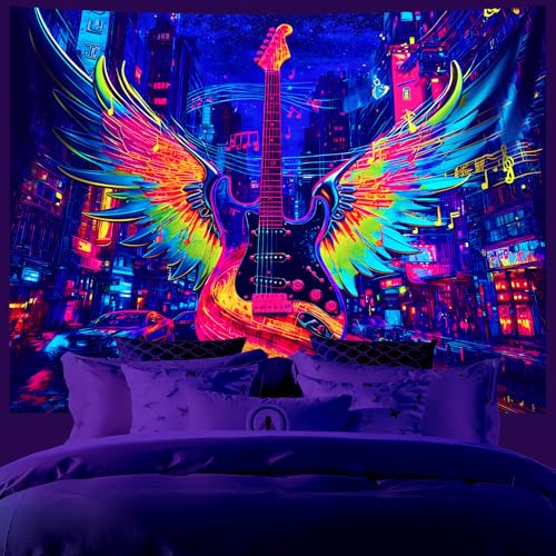 AOHMPT Blacklight Guitar Wings Tapestry Trippy Fluorescent Wall Hanging Psychedelic Rock Music Neon City Art Glow in the Dark Tapestries for Bedroom Decor, 79x59 In, Music Festival Gift - color: Guitar, size: 79"L x 59"W