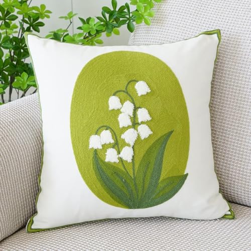 vctops Farmhouse Flower Cotton Tufted Throw Pillow Cover Spring Floral Embroidery Pillowcase Soft Square Cushion Case for Sofa Couch Bed Chair (White,18"x18") - color: White