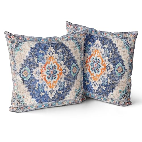 Snycler Blue Boho Throw Pillow Covers Set of 2 Monaco Rug Carpet Double Sided Pattern Cotton Soft Pillow Case Cushion Cover Pillowcase for Garden Couch Sofa Bed Decorative 22x22 inch - color: Blue, size: 22" x 22" (Pack of 2)