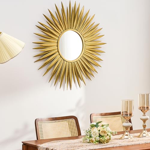 PERHOM Gold Sun Mirror, 30"x30" Large Sunburst Mirrorwith Metal Frame,Starburst Mirrors for Living Room, Entryway, Bedroom, Fireplace