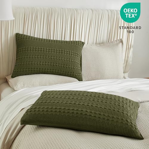 PHF 100% Cotton Waffle Pillow Shams Standard Size, 2 Pack 20" x 26" Soft Skin-Friendly Pillowcases, No Filling, Aesthetic Woven and Breathable Waffle Weave Pillow Case Covers for Bed, Capulet Olive - color: Capulet Olive, size: 26" x 20" (Pack of 2)