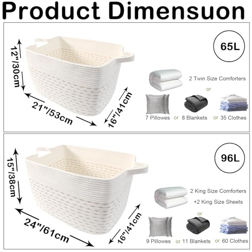 96L Large Blanket Basket,24"x16"x15"Rectangle Storage Bin with Handles,Woven Rope Laundry Basket for Toys, Clothes,Magazines,Home Organization,Nursery,Living Room & Bedroom,White&Yellow - color: White & Yellow, size: 24"x16"x15"(96L)