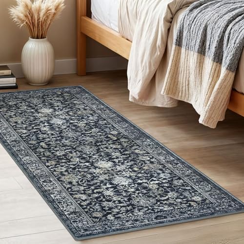 KILOCOCO Hallway Runner 2x5 Rug Runner Printed Vintage Floral Washable Kitchen Runners Non-slip Rubber Backed Runners for Hallways Laundry Room Distressed Boho Rugs for Entryway Bedroom, Navy/Charcoal - color: Charcoal/Navy, size: 2' x 5' (Runner)