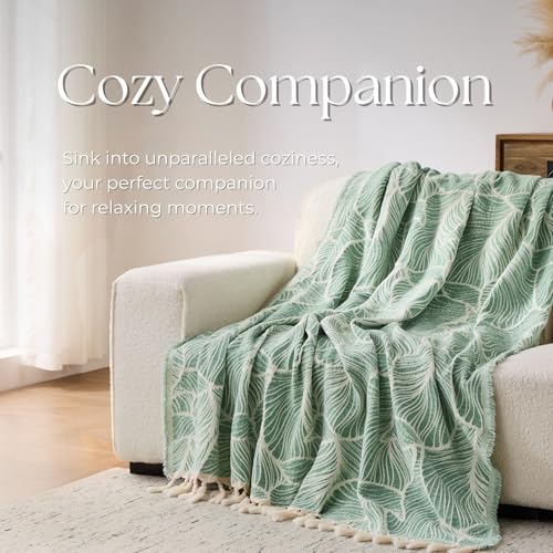 DOWN HOME Chenille Cotton Throw Blanket for Couch, Lightweight Boho Blanket for Bed Sofa Chair Living Room Outdoor Soft Woven Decorative Blanket with Tassel Gift Green Leaves 60"x80" - color: Green, size: 60"x80"