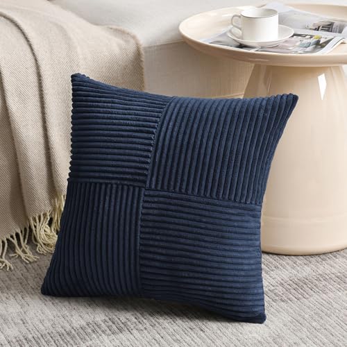 Fancy Homi 2 Packs Navy Blue Samll Decorative Throw Pillow Covers 12x12 Inch with for Couch Bed Sofa, Rustic Farmhouse Boho Home Decor, Soft Corss Patchwork Corduroy Square Cushion Case 30x30 cm - color: Navy Blue, size: 12" x 12" (Pack of 2)