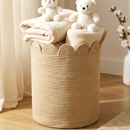 LemonRoad Brown Round Tall Basket Large Blanket Basket 15" L X 15" W X 19.7" H Scalloped Woven Baskets Cotton Storage Baskets for Nursery Classroom Closet Blankets Storage Home Decor - color: Brown, size: 15" L X 15" W X19.7" H