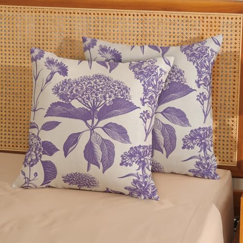 Purple Pillow Covers 16x16 Inch 2 Pcs Boho Vintage Floral Decor Throw Pillows Hydrangea Flower Seasonal Outdoor Farmhouse Neutral Accent Decoration Pillowcase Linen Cushion Cover for Sofa - color: Boho Purple Hydrangea, size: 16" x 16" (Pack of 2)