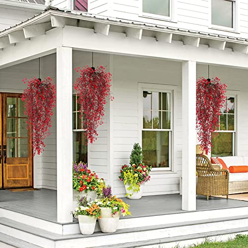 RECUTMS Vine Plant Fake 4 Pcs Ferns Artificial Plants Large Faux Hanging Plant Artificial Hanging Plants Wall Plants Fake Ivy Room Decor Home Garden Wedding Party Indoor Outdoor Decorations(Red 4P) - color: 4p-red