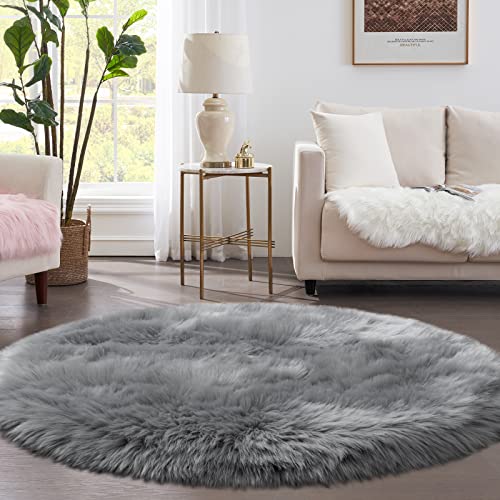 Tangsoo Round Faux Fur Rugs, Sheepskin Round Rug 3ft, Grey Soft Small Circle Rug, 3x3 Fuzzy Plush Fur Rug, Shag Circular Rugs Floor Carpet for Bedroom, Kids Room, Nursery, Girls Room, Dorm - color: Grey, size: 3' (Round)
