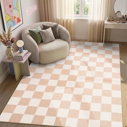 GarveeHome Checkered Blush Beige Neutral Nursery Kids Playroom 5x7 Washable Rug Colorful Geometric Modern Soft Low-Pile Stain Resistant Rug for Bedroom Living Room Entryway Non-Slip TPE Backing - color: Blush Beige, size: 5' x 7' (Rectangular)