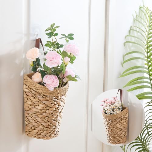Handwoven Front Door Basket Water Hyacinth Wall Hanging Basket Decorative Boho Mounted Organizer for Dried Flower Plants Storage Basket for Garden, Home, and Farmhouse Décor - color: Mix