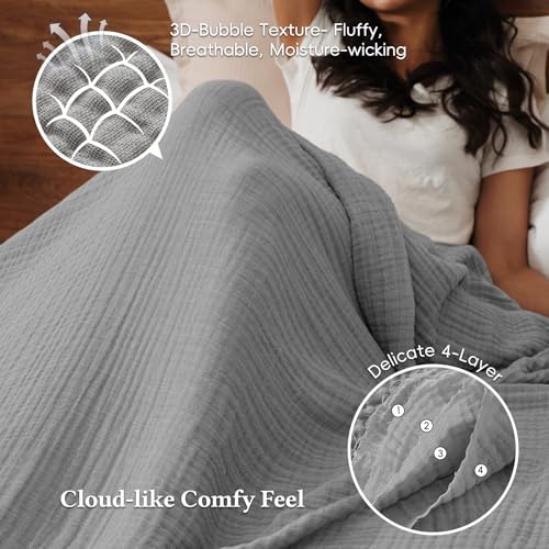 David's Home 100% Natural Cotton Muslin Blanket Queen Size, 4-Layer Soft Breathable Lightweight Cozy Throw Guaze for Hot Sleepers, 3D Bubble Room Decor for Bed Couch, Giftable, Dark Grey, 90"x90" - color: Dark Grey, size: Queen(90x90")