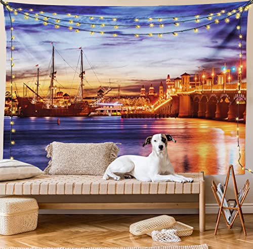 Ambesonne United States Tapestry, St. Augustine Florida Famous Bridge of Lions Dreamy Sunset Majestic, Wide Wall Hanging for Bedroom Living Room Dorm, 60" X 40", Orange Coral - color: Orange Coral, size: 60"L x 40"W
