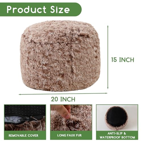 HIGOGOGO Round Stuffed Pouf Ottoman, Long Faux Fur Poufs with Foam Chunk Filling, Fluffy and Furry Pouf Foot Stool Storage Ottoman, 20 X 15 Floor Poufs Foot Rest for Living Room, Snow Coffee - color: Brown, size: 20"D x 20"W x 15"H