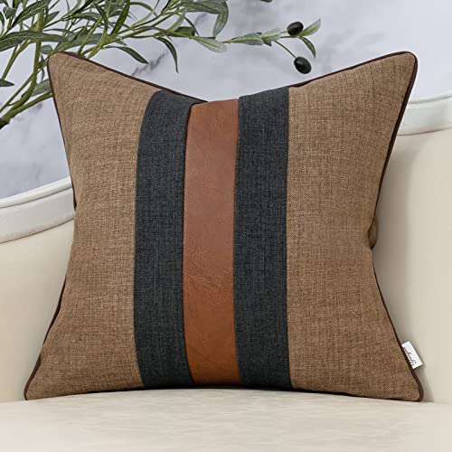 Yangest Patchwork Pillow Cover 20x20 Inch Luxury Cotton and Linen Cushion Cover Faux Leather Pillowcover for Couch Bedroom Living Room, Brown - color: L-coffee Brown, size: 20" x 20" (Pack of 1)