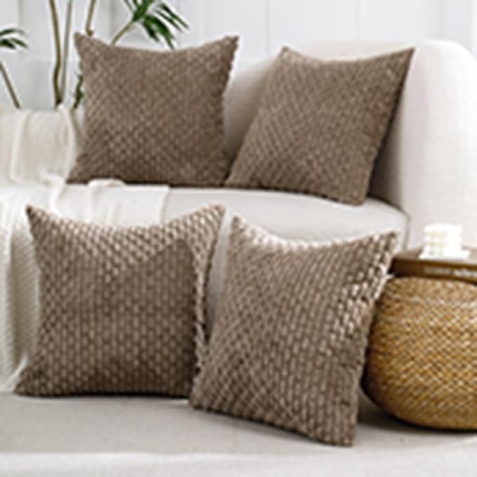 VAKADO Couch Throw Pillow Covers Decorative 18x18 Set of 4 Boho Rustic Corduroy Cushion Case Farmhouse Decor Square for Home Living Room Bed Sofa,Tan