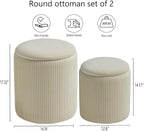 Round Set of 2 Ottoman with Storage-Upholstered Velvet Vanity Stool for MakeupMultifunctional Ottomans Coffee Table Padded Seat Foot Rest for Living Room&Bedroom(White)