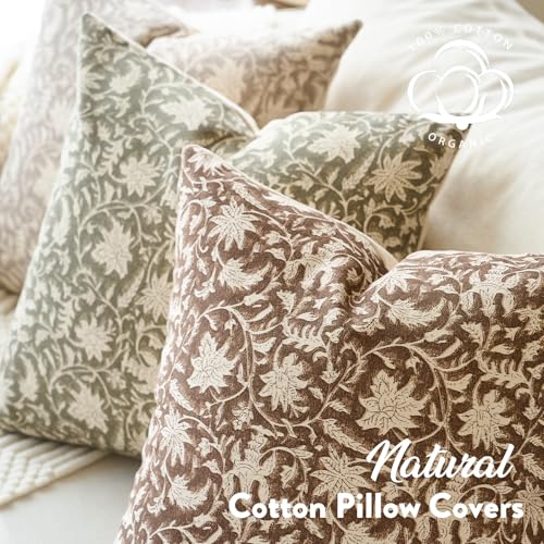 FIOUOVO Floral Throw Pillow Covers 18x18 Farmhouse Block Print Pillow Covers Decorative Pillow Covers Couch Pillows for Living Room Vintage Accent Sofa Pillows Set of 2, Brown - color: Brown, size: 18" x 18" (Pack of 2)