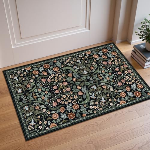 Moynesa Floral 2x3 Entryway Rug, Washable Kitchen Rugs Non Slip Front Door Mat for Indoor Entrance, Boho Ultra Thin Small Rug Soft Botanical Throw Carpet for Bathroom Bedroom, Black - color: Black, size: 2' x 3' (Rectangular)