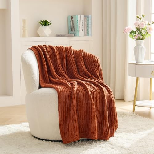Chunky Knit Rust Orange Throw Blanket 50"x60" Soft Cozy Lightweight Knitted Blanket for Couch Sofa Bed,Cute Decorative Spring Throw for Living Room - color: Rust Orange, size: 50"x 60"