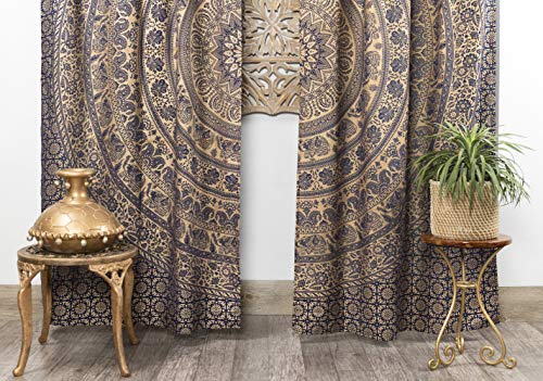 Popular Handicrafts Indian Hippie Bohemian Beautiful Elephant Mandala Curtain Panels Blue and Gold - color: Blue and Gold, size: 38"W x 83"L (Pack of 2)
