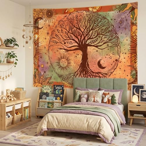 Lifeel Boho Orange Tree of Life Tapestry, Sun Moon Stars Aesthetic Nature Tapestries Home Decor for Living Room Bedroom, 36x48 inches - color: Orange, size: 48"L x 36"W