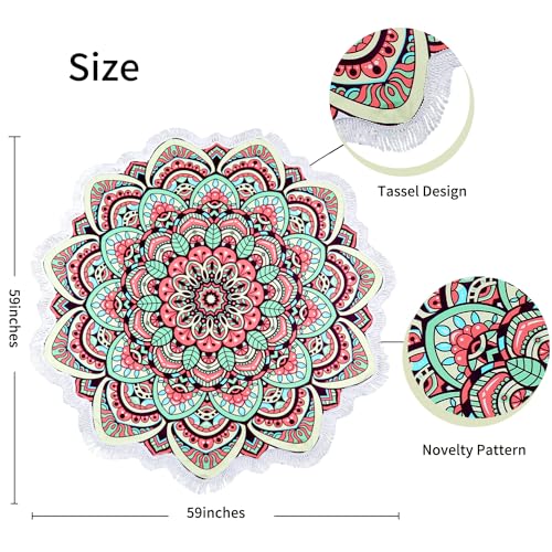 Benefeet Sox Large Mandala Beach Towel Round Microfiber Circle Beach Towels Bohemian Roundie Beach Blanket Quick Dry Beach Throw Blanket Sand Free Pool Towels, 59 Inches Pink Multi - color: Mandala, Pink Multi