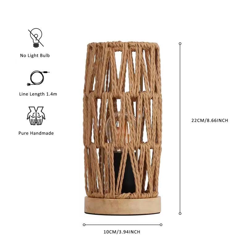 Bamboo Rattan Table Lamp for Living Room, Boho Handmade Woven Cylinder Lampshade Standing Lamp with Natural Wooden Base, Industrial Wicker Desk Light Decoration for Bedroom, Farmhouse