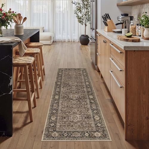 HUGEAR Brown Washable 2x6 Runner Rugs for Hallway Entryway Vintage Distressed Neutral Rug Carpet Durable Soft Non Slip & Shedding Stain Resistant Low Pile Indoor Home Decor - color: Retro | Brown, size: 2' x 6' (Runner)