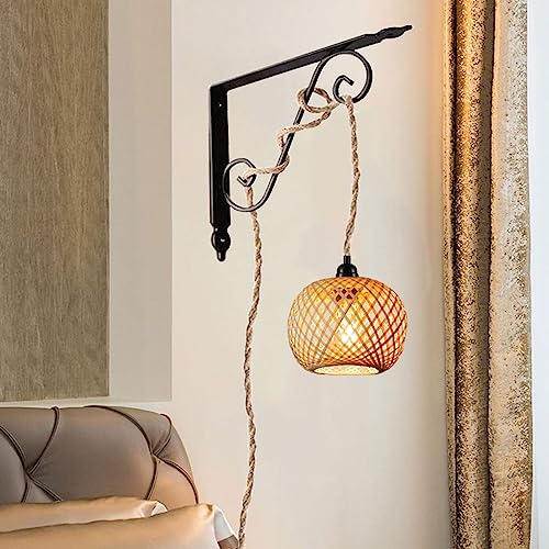 Boho Plug in Pendant Light Wicker Rattan Hanging Lights with 15ft Hemp Rope Cord MINI Bamboo Lampshade Wall Lighting Fixture Swag Lamp for Kitchen Island Farmhouse Living Dining Room Bedroom
