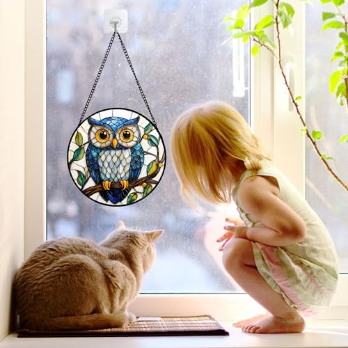 DASTOLL Stained Glass Window Hanging, Owl Gifts for Women Sun Catchers Diamond Glass Panel Hangings Birds Suncatcher Decor for Birthday for Women, Men, Wife, Aunt, and Mom 6.3 in - color: Blue, size: 6.3x6.3 IN