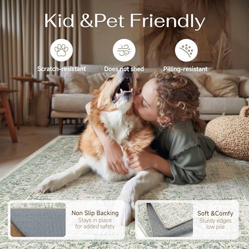 PureCozy Sage Green Area Rug 2x3 Washable Vintage Distressed Entryway Carpet Non Slip Neutral Door Mat Low Pile Retro Floral Farmhouse Accent Throw Small Rug for Bathroom Laundry Kitchen Dining Room - color: Accent Sage Green, size: 2' x 3' (Rectangular)