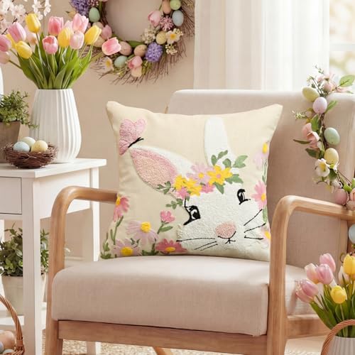 AVOIN colorlife Easter Spring Rabbit Floral Embroidered Throw Pillow Cover, 18 x 18 Inch Butterfly Bunny Tufted Patterned Linen Decoration Cushion Case for Sofa Couch - size: 18" x 18" (Pack of 1)