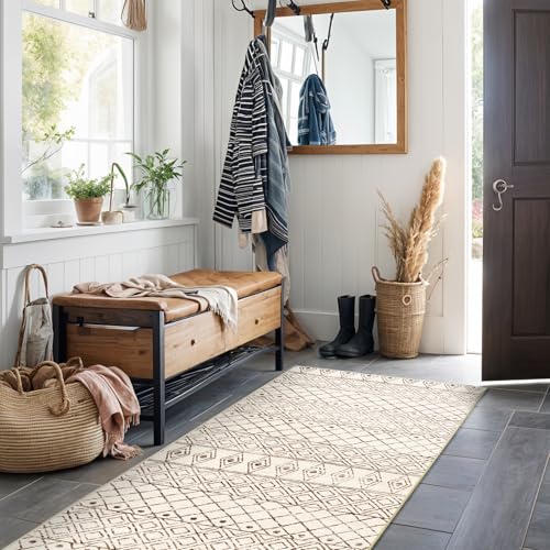 2'x6' Hallway Runner Rug Washable - Non Slip Moroccan Runners Low Pile Floor Carpet with Rubber Backing Farmhouse Kitchen Mat Indoor Rugs for Front Door Living Room 2'x6' Geo Beige - color: Geo Beige, size: 2' x 6' (Rectangular)