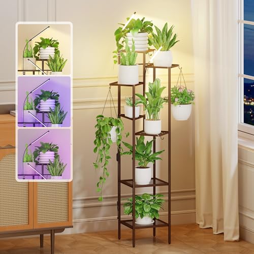 Quikraen 8 tiers Metal Plant Stand with Grow Lights, Tall Lighted Corner Plant Shelf for Indoor Plant Growing,Flower Pot Holder, Plant Rack for Home Decor, Patio (Brown)