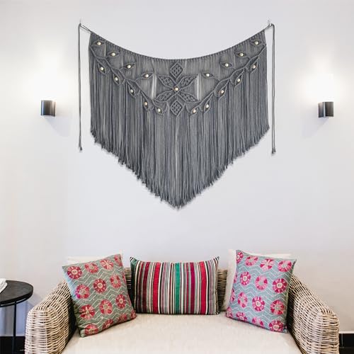 Youngeast Macrame Wall Hanging Large Macrame Curtains Leaf Shape Beads Wall Decor Boho Tassel Wall Art Woven Tapestry Headboard Backdrop Gray - color: Gray