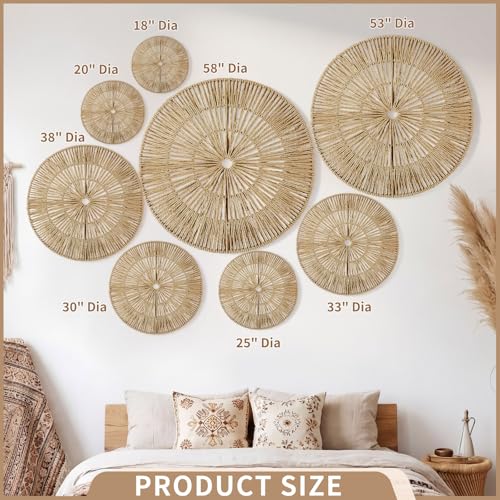 Yerliker 8 Pack Boho Wall Baskets Decor Large Hanging Woven Wicker Wall Art 23", 21", 15", 13", 12", 10", 8", 7" round Decorative Baskets for Bedroom, Living Room, Home, Office