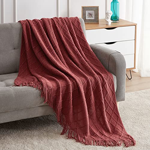 BOURINA Burgundy Throw Blanket 50x60 Inches Throw Textured Solid Soft Sofa Couch Decorative Knit Blanket - color: Burgundy, size: 50"x60"