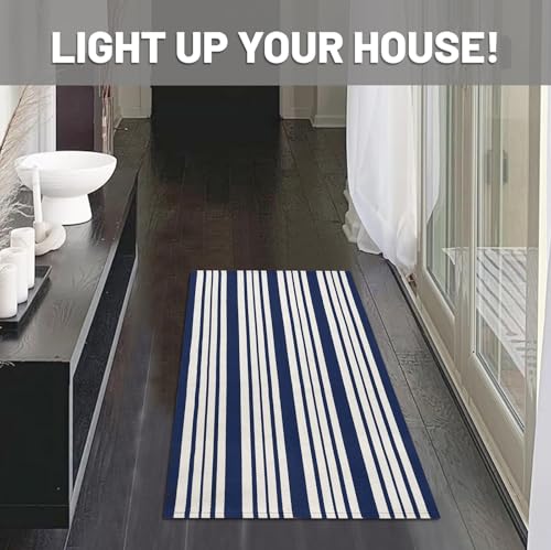 IOHOUZE Navy and White Striped Rug 2'x3' Front Door Rugs, Small Washable Area Rug for Front Porch, Spring Summer Doormats Outdoor Indoor, Cotton Rugs for Entryway Porch Entrance - color: Navy and White Stripe, size: 2' x 3' (Rectangular)