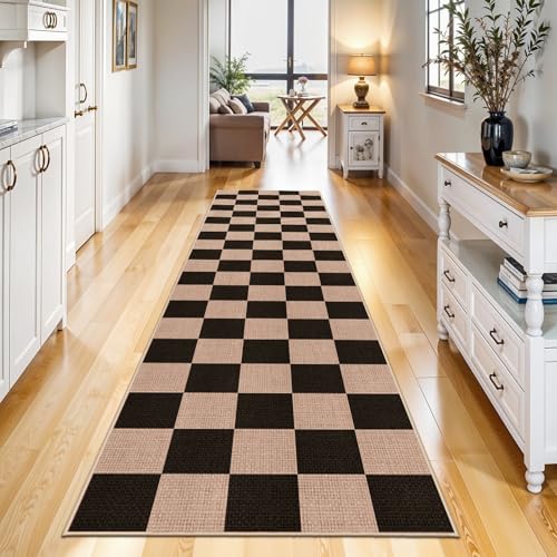 2x8 Checkered Runner Rug for Hallway: Washable Faux Jute Runners Indoor Farmhouse Style - Carpet with Non-Slip Backing - Non Slip Narrow Floor Runners for Entryway Kitchen Living Room (Black,2x8) - color: Black, size: 2' x 8' (Rectangular)