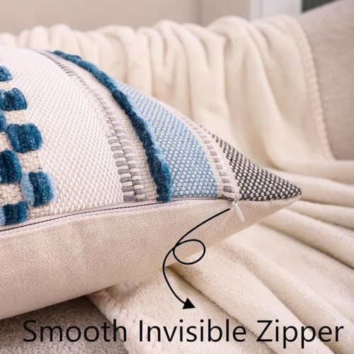 Coastal Pillow Covers 18x18 Set of 2 Boho Tufted Throw Pillow Covers Stripe Beach Decorative Pillow Cases Accent Chenille Pillowcases Farmhouse Cushion Case for Home Decor, Sky Blue - color: Sky Blue Stripe, size: 18" x 18" (Pack of 2)