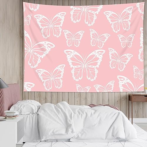 HVEST Butterfly Wall Hanging, Vintage Butterfly on Pink Tapestry for Bedroom, Living Room, Dorm Wall Decor, 59W x 51H inches - color: Pink, size: 51"L x 59"W
