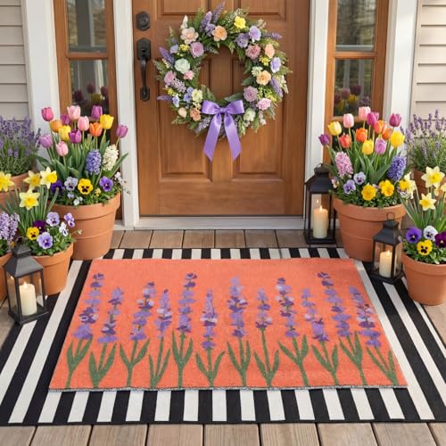 2 Pcs Door Mat Outside Entrance 24 x 32'' Lavender Floral Door Mat Outside and 32 x 43'' Black and White Striped Rug Non Slip Large Floor Layering Doormat for Front Porch Entryway Decor