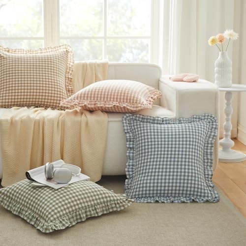 KKJIAF Ruffle Gingham Pillow Covers 24 x 24 Inches, Cotton Gingham Pillow Cases Set of 2, Linen Feel Ruffled Plaid Pillow Shams with Envelope Closure for Sofa Bed (Taupe/White Plaid) - color: Taupe/White Plaid, size: 24" x 24" (Pack of 2)