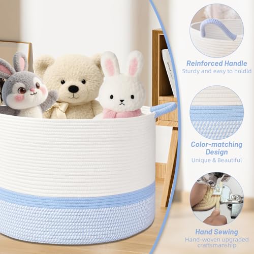 67L Large Blanket Basket, 20"x13" Blanket Basket Living Room, Woven Baskets With Handle, Toy Baskets for Blankets, Nursery, Dog, Pillow, Gift (White & Blue) - color: White & Blue, size: 67L
