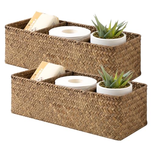 StorageWorks Toilet Paper Baskets for Shelves, 3-Section Wicker Baskets Storage, Back of Toilet Basket for Tank Topper, Counter, Pantry, Living Room Decor, 2 Pack Seagrass Basket - color: Brown（seagrass）, size: 14¼"l x 6"w x 4¼"h